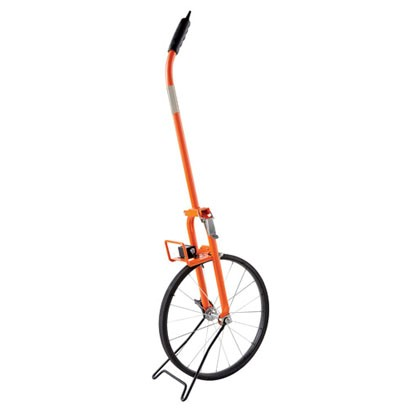 Orange measuring wheel on stand.